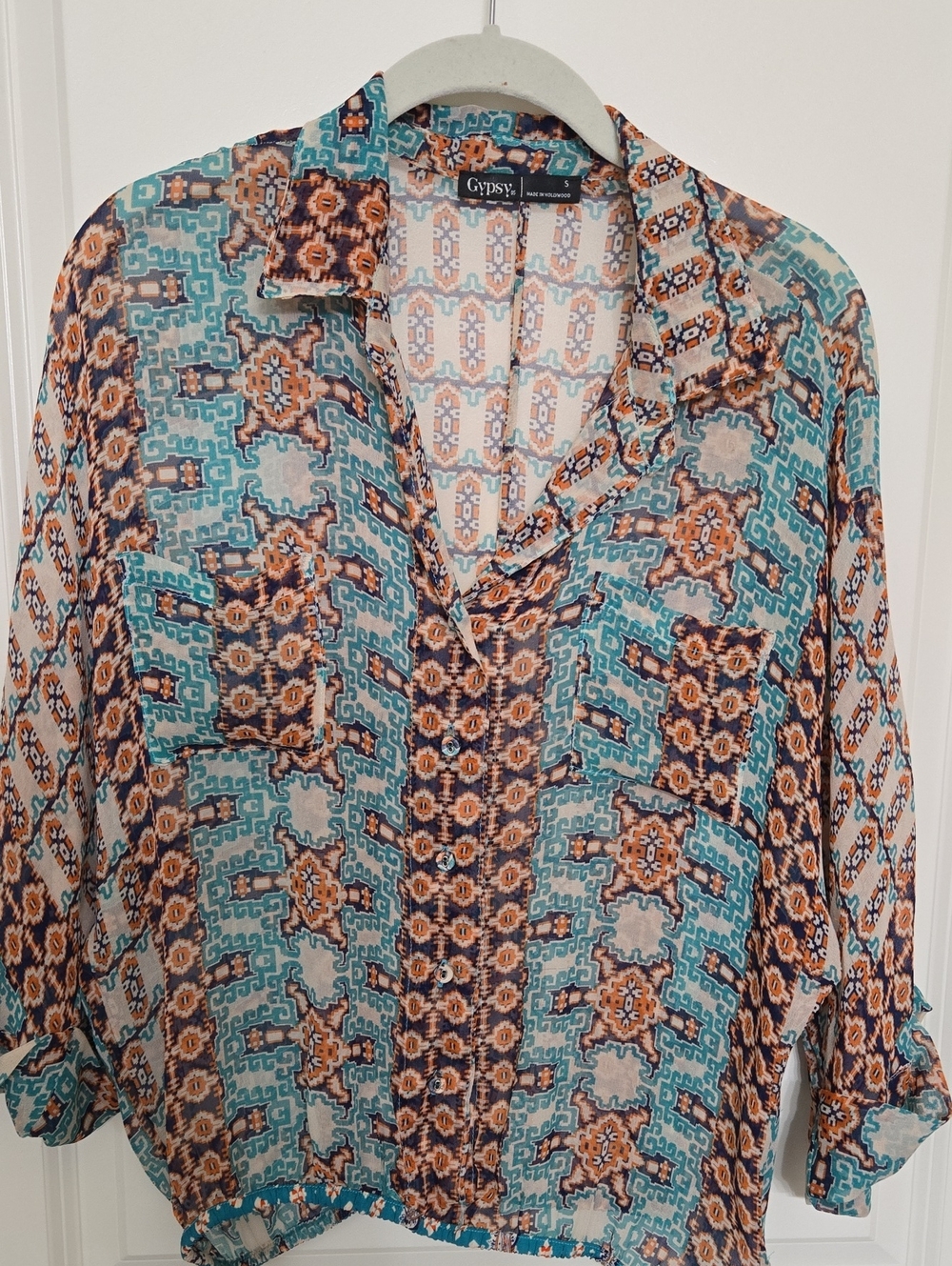 Floral Geometric Button-Down Shirt in Teal and Brown